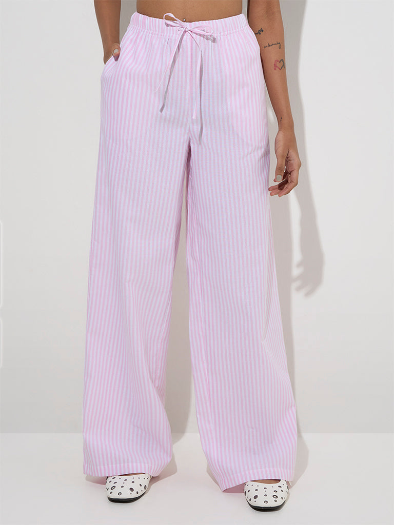 Westside Nuon Women's Pink Striped High-Rise Cotton Pants for Casual Wear Front View