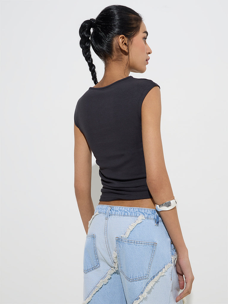 Westside Nuon Women's Black Ruched T-Shirt for Casual Wear Back View