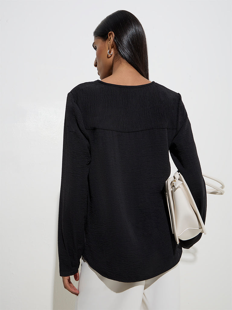 Westside Wardrobe Women's Black Crinkle-Textured Top for Work Wear Back View