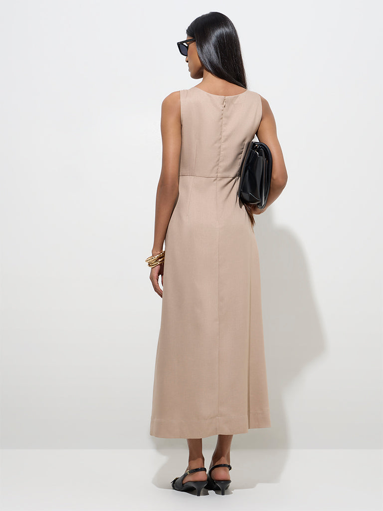 Westside Wardrobe Women's Beige Solid A-Line Dress for Work Wear Back View