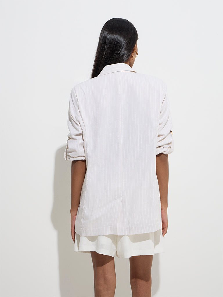 Westside Wardrobe Women's Light Beige Stripe Patterned Blazer for Work Wear Back View