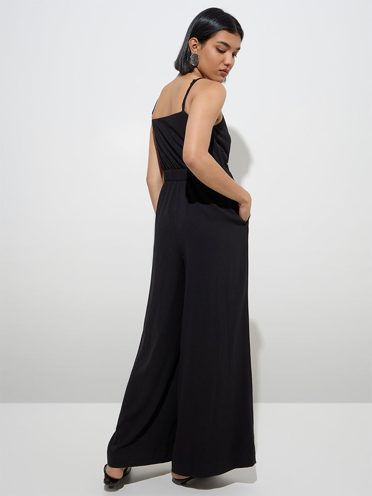 Westside Wardrobe Women's Black Solid Jumpsuit for Work Wear Back View