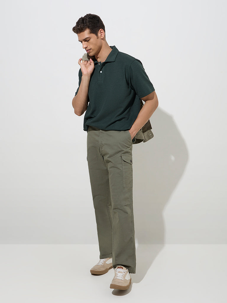 WES Casuals Olive Relaxed-Fit Cotton-Blend Trousers