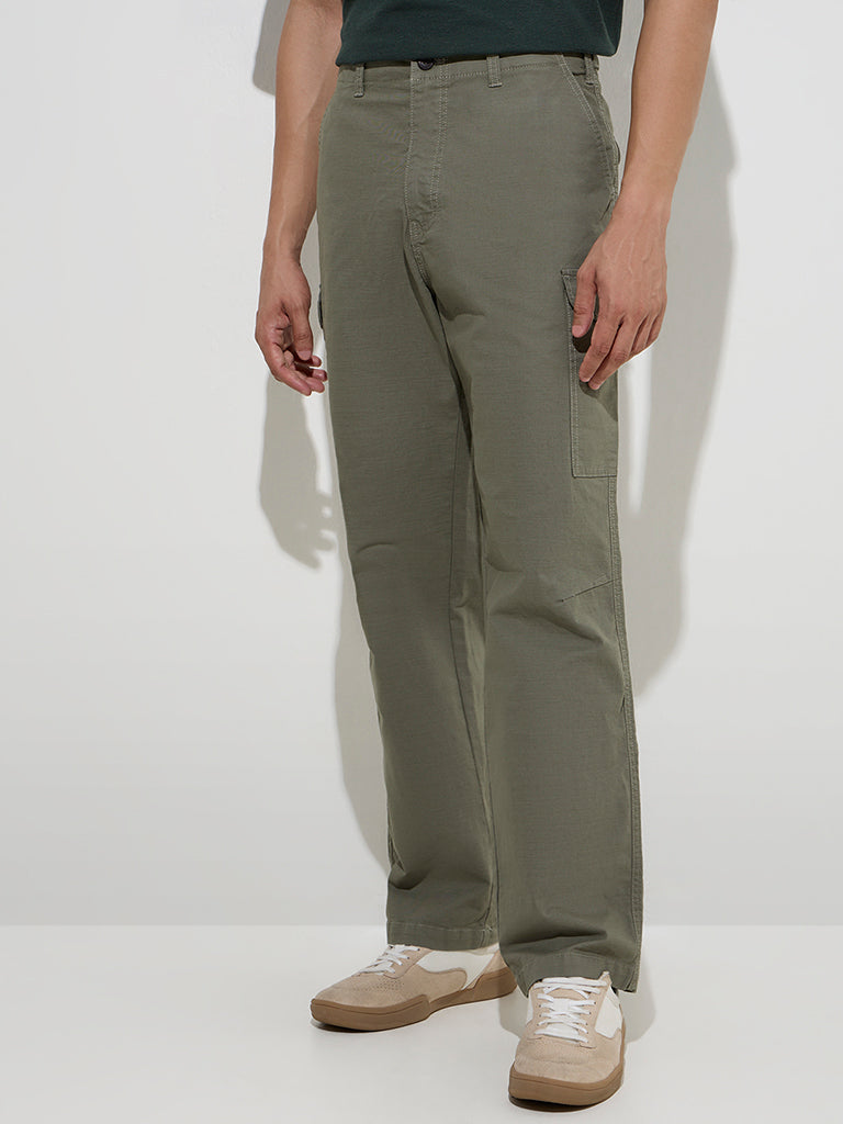 WES Casuals Olive Relaxed-Fit Cotton-Blend Trousers