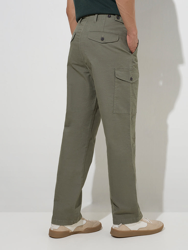 WES Casuals Olive Relaxed-Fit Cotton-Blend Trousers