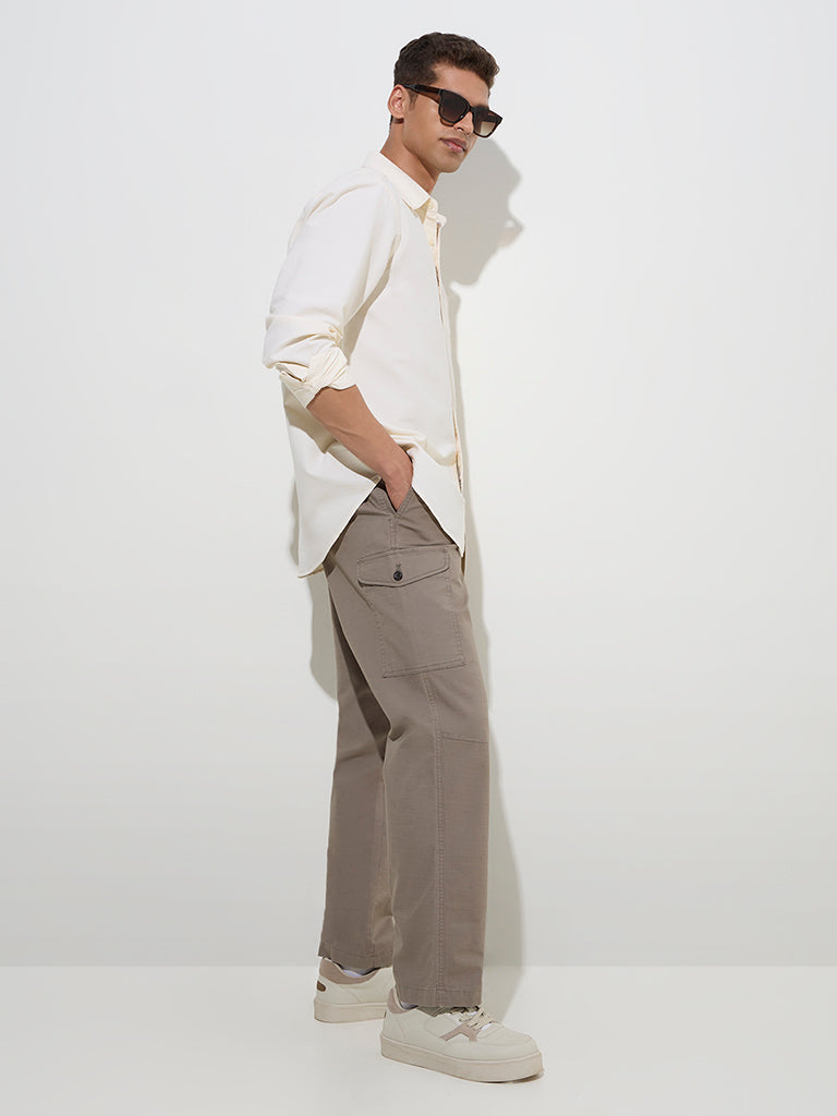Westside WES Casuals Men's Taupe Relaxed-Fit Cotton-Blend Trousers for Casual Wear Full Model View