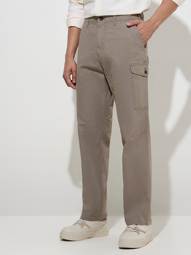 Westside WES Casuals Men's Taupe Relaxed-Fit Cotton-Blend Trousers for Casual Wear Front View