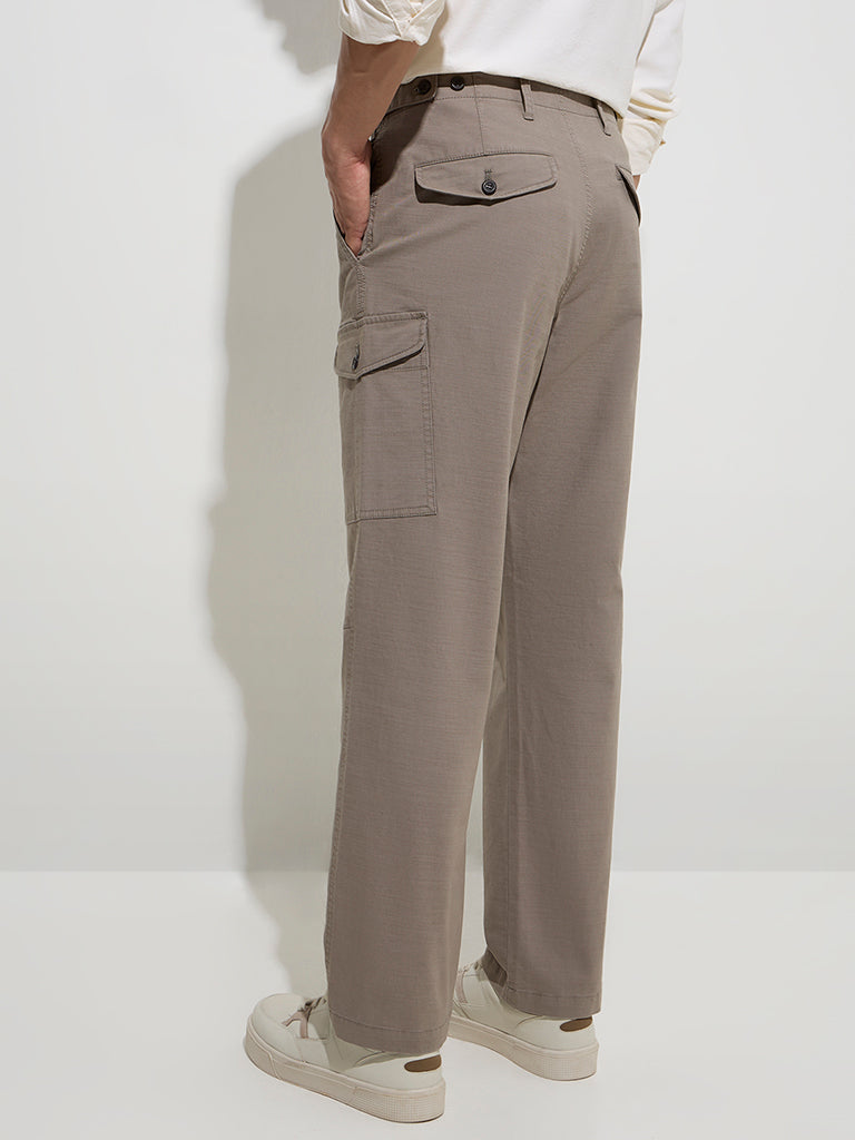 Westside WES Casuals Men's Taupe Relaxed-Fit Cotton-Blend Trousers for Casual Wear Back View