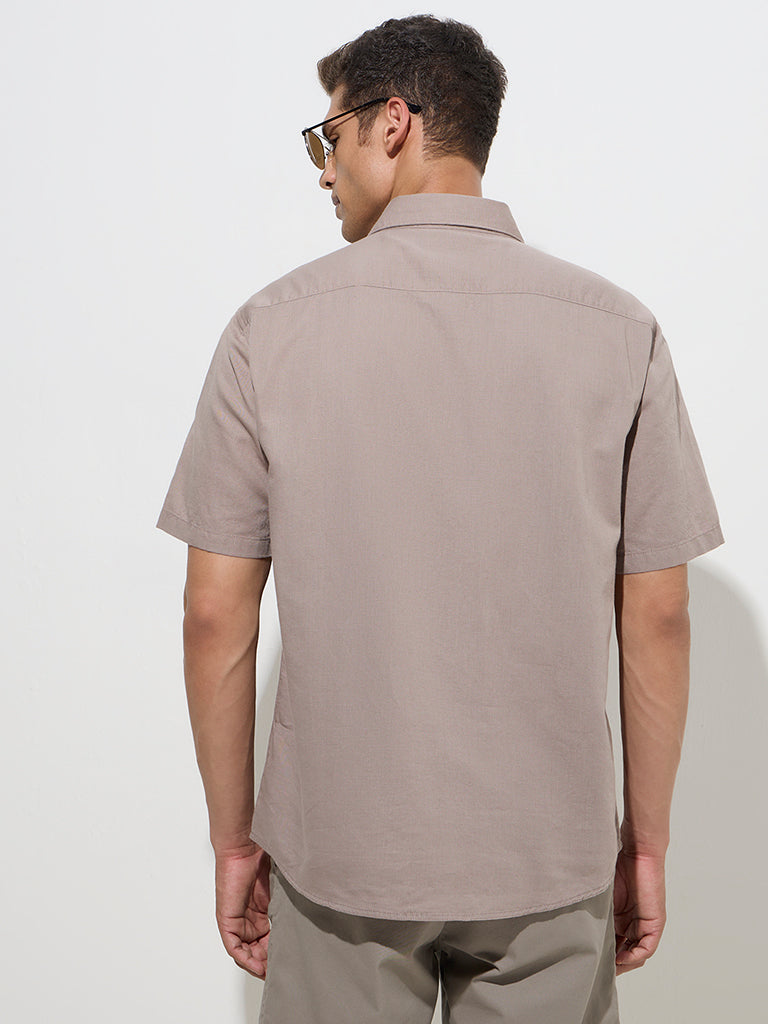 westisde WES Casuals Men's Taupe Relaxed-Fit Linen-Blend Shirt for Casual Wear Back View