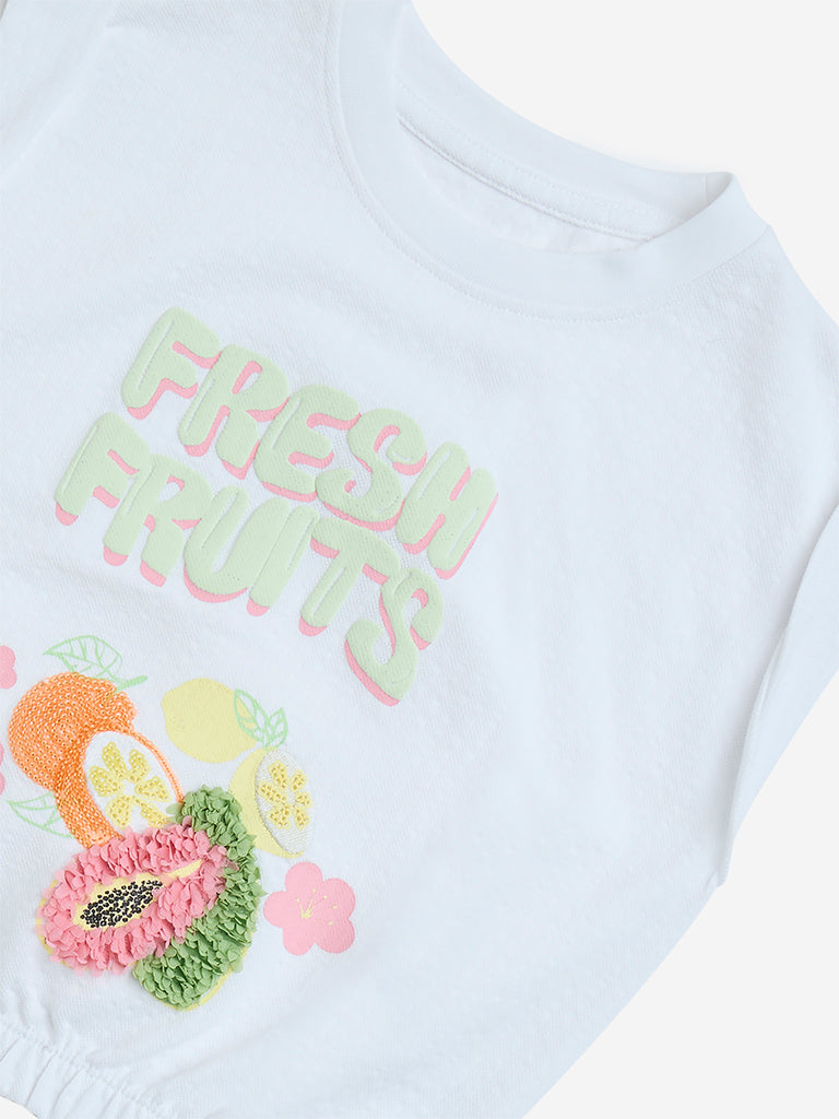 westisde HOP Girls' Kids White Fruit Applique Detailed Cotton T-Shirt for Casual Wear Zoom View