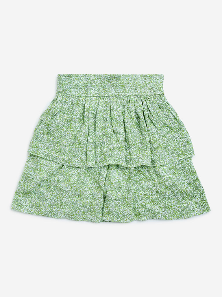 Y&F Kids Green Floral Printed High-Rise Skirt