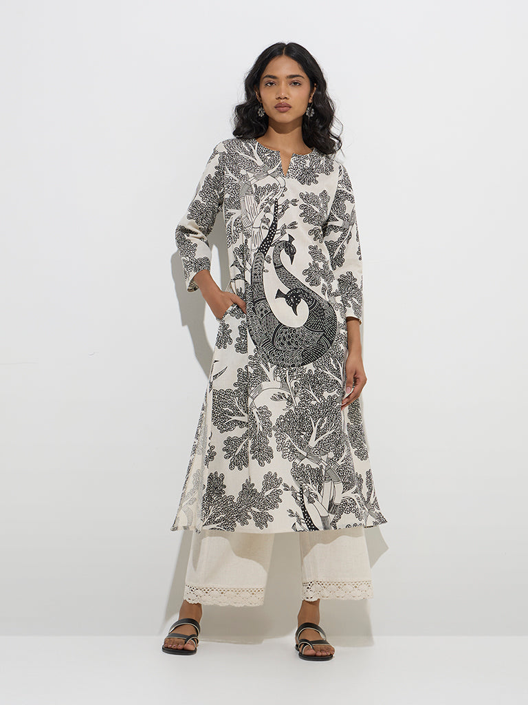 Utsa Off-White Gond Pattern Cotton-Blend A-Line Kurta