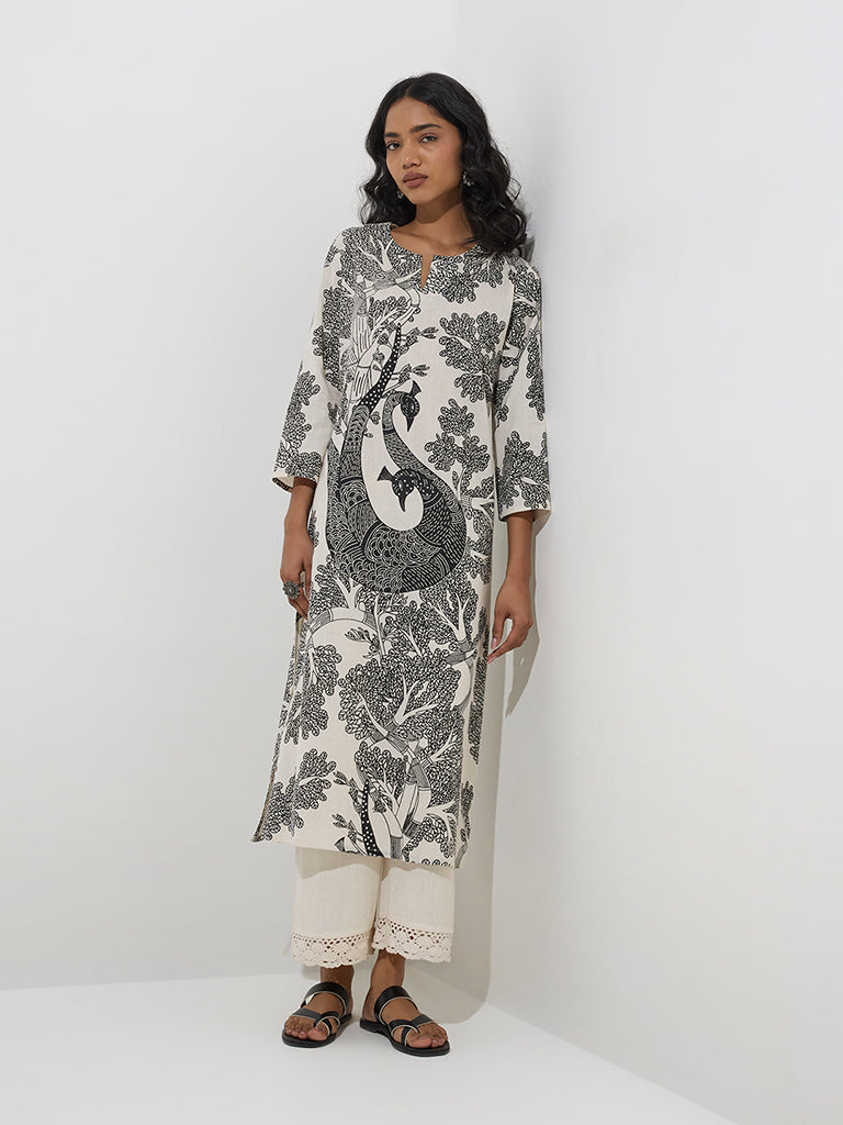 Utsa Off-White Gond Pattern Cotton-Blend A-Line Kurta