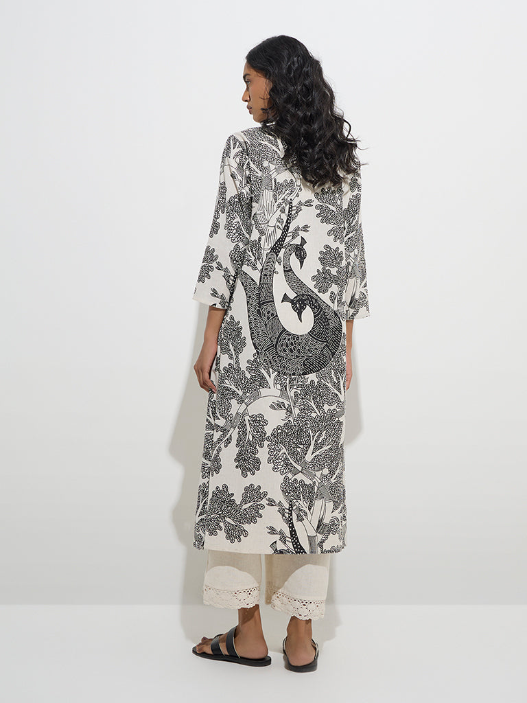 Utsa Off-White Gond Pattern Cotton-Blend A-Line Kurta