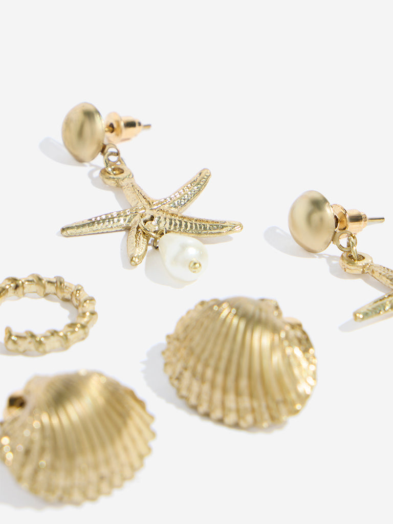 Westside Accessories Gold Shell Drop Earrings Set - Pack of 3