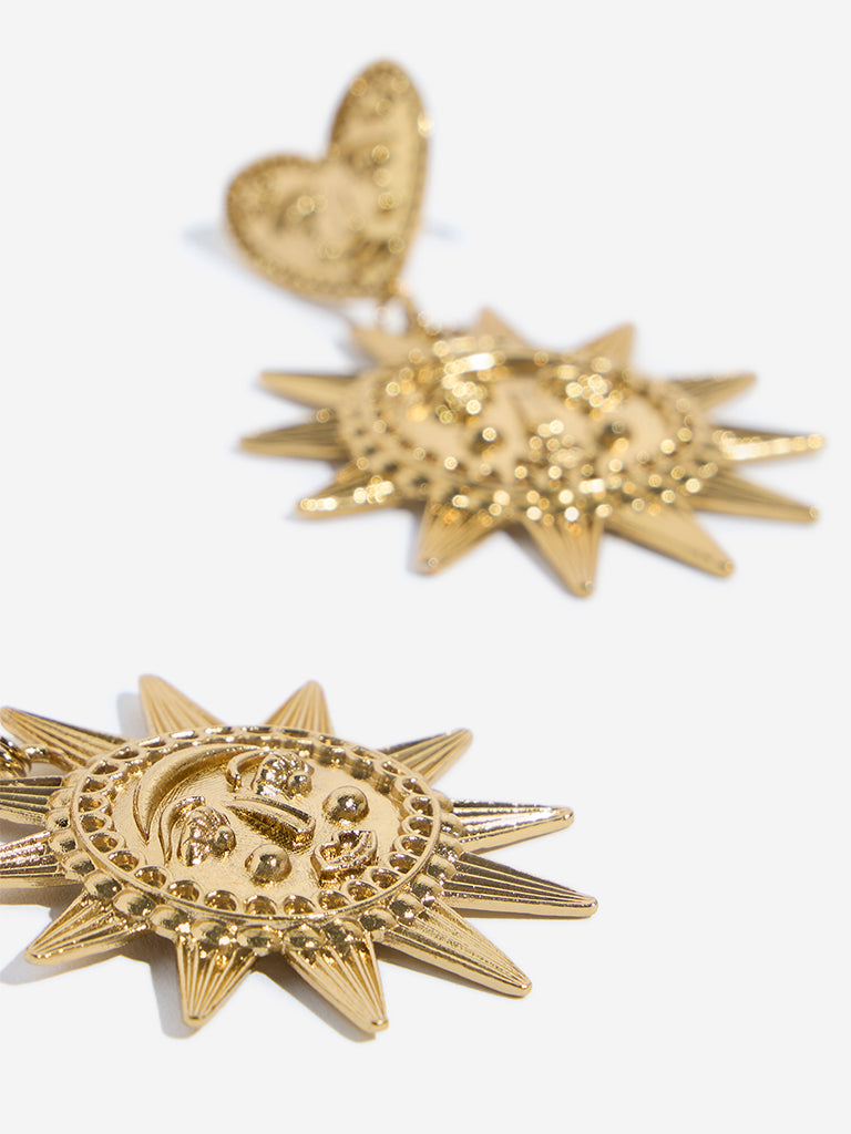 Westside Accessories Gold Quirky Sun and Heart Dangler Earrings