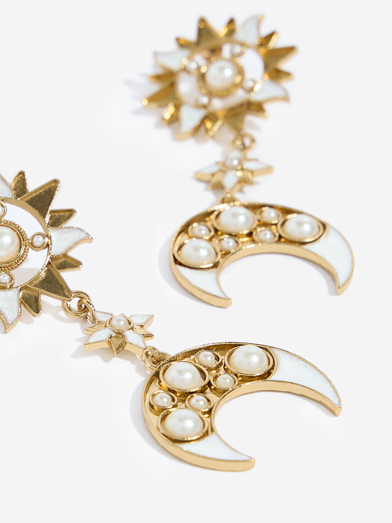 Westside Accessories Gold & White Sun and Moon Dangler Earrings