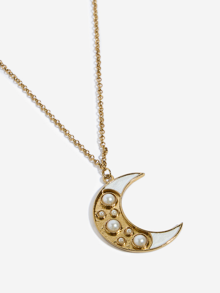 Westside Accessories Gold & White Crescent Moon Pendant Necklace