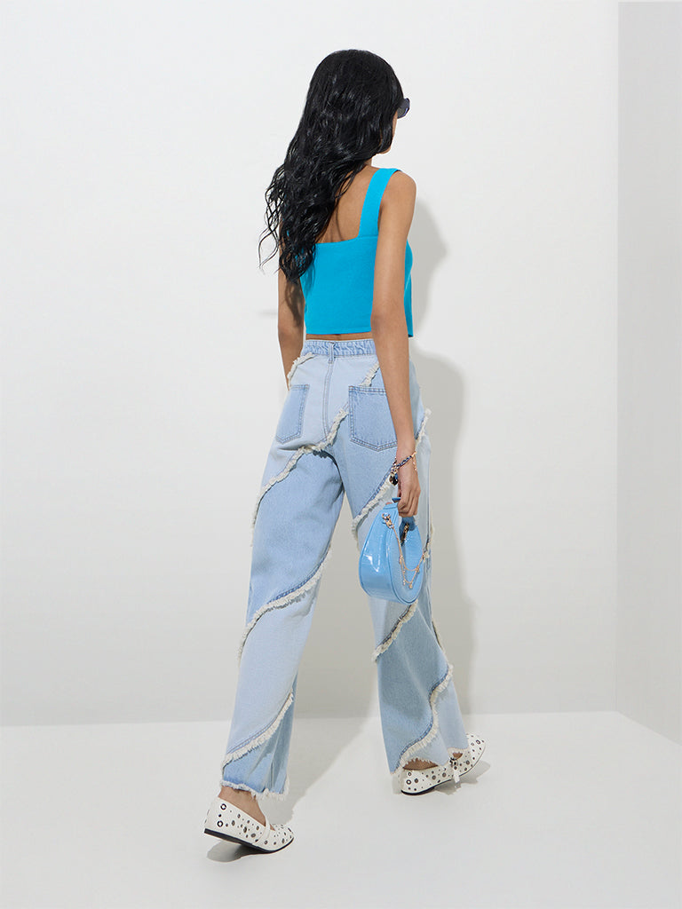 westisde Nuon Women's Blue Self-Striped Top for Casual Wear Back View