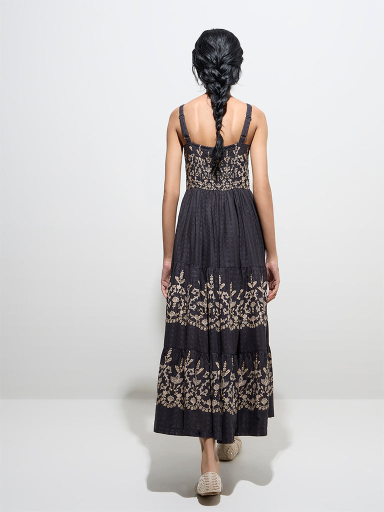 Westside Bombay Paisley Women's Black Embroidered Cotton Tiered Dress for Everyday Back View