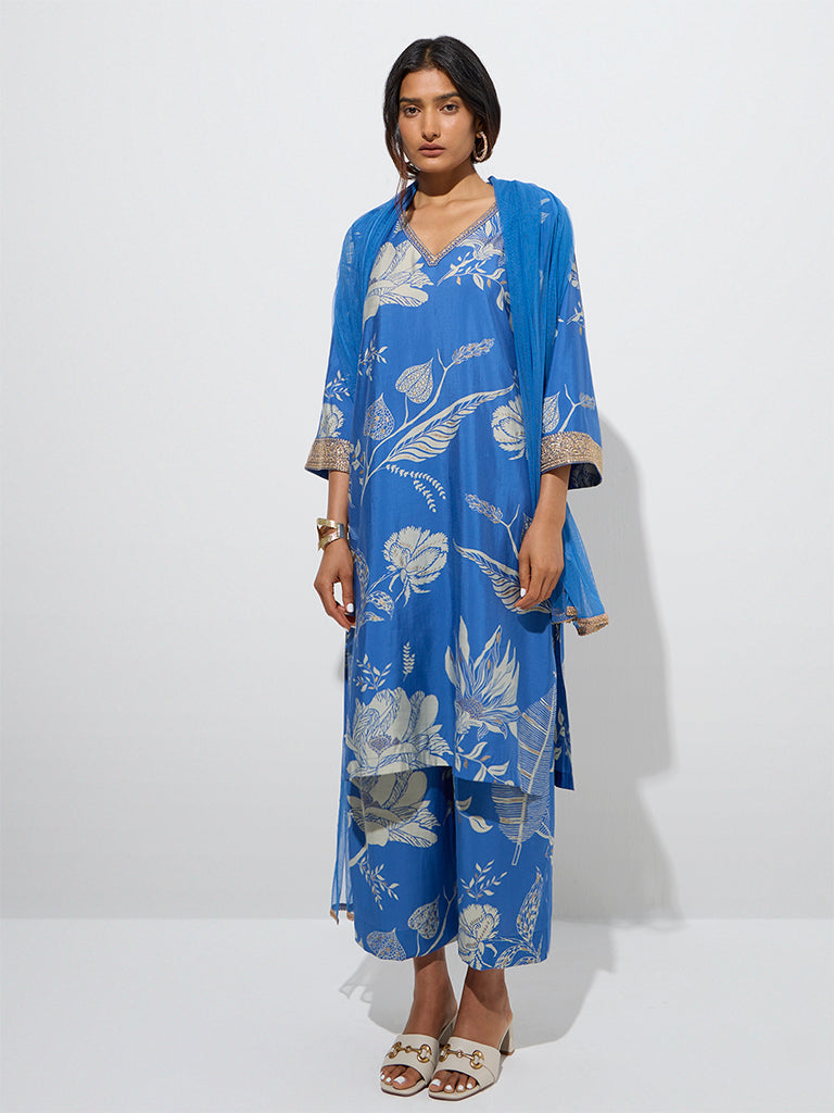 Women's Blue Floral Straight Kurta Sets with Dupatta