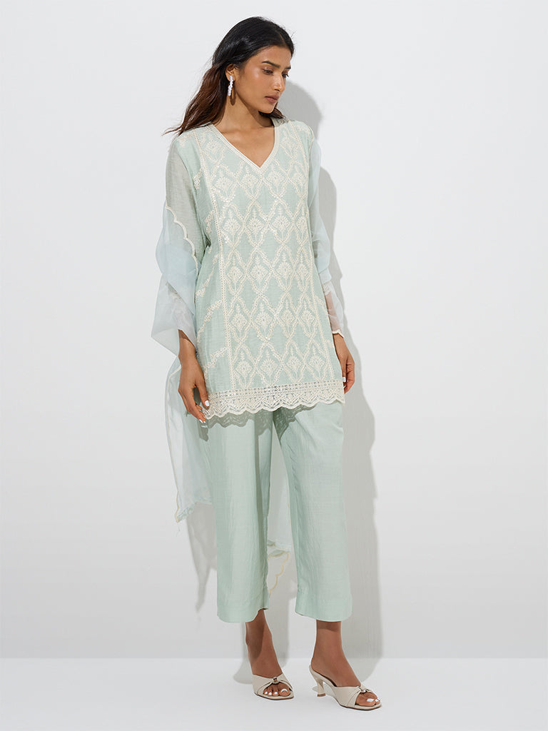 westisde Vark Women's Mint Straight Kurti, Palazzos and Dupatta Set for Festive Wear Front View