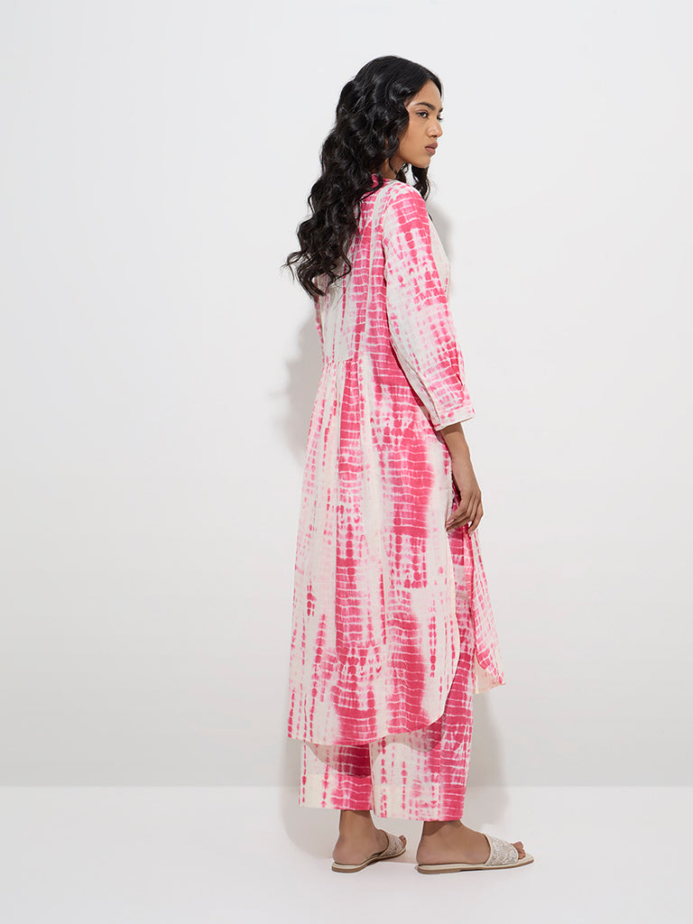 westisde Utsa Women's Pink Tie-Dye Patterned A-Line Cotton Kurta for Work Wear Back View