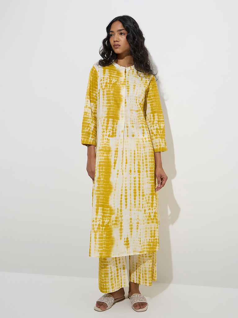 Utsa Mustard Tie-Dye Design Cotton A-Line Kurta