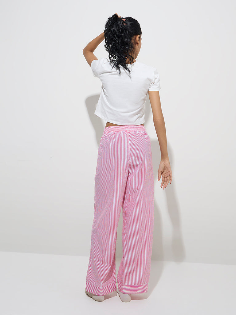 Westside Superstar Women's Red Stripe Printed High-Rise Cotton Pants for Casual Wear Back View