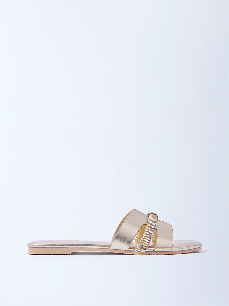 LUNA BLU Dull Gold Embellished Slides