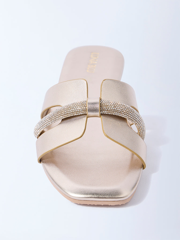 LUNA BLU Dull Gold Embellished Slides