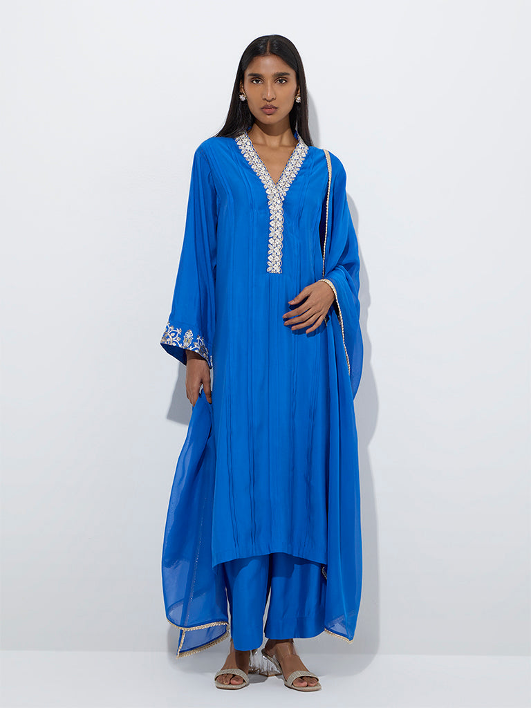 Buy Vark Blue Embroidery A-Line Kurta, Palazzos and Dupatta