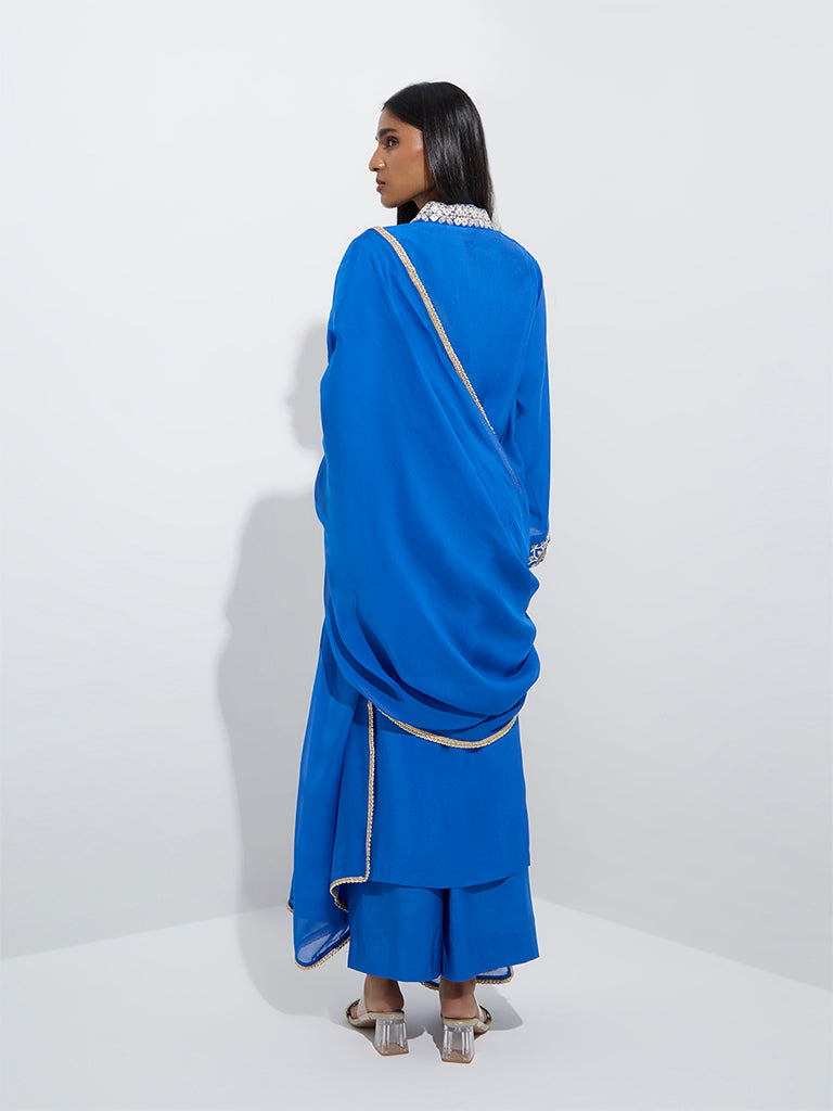 Westside Vark Women's Blue Embroidery A-Line Kurta, Palazzos and Dupatta Set for Festive Wear Back View