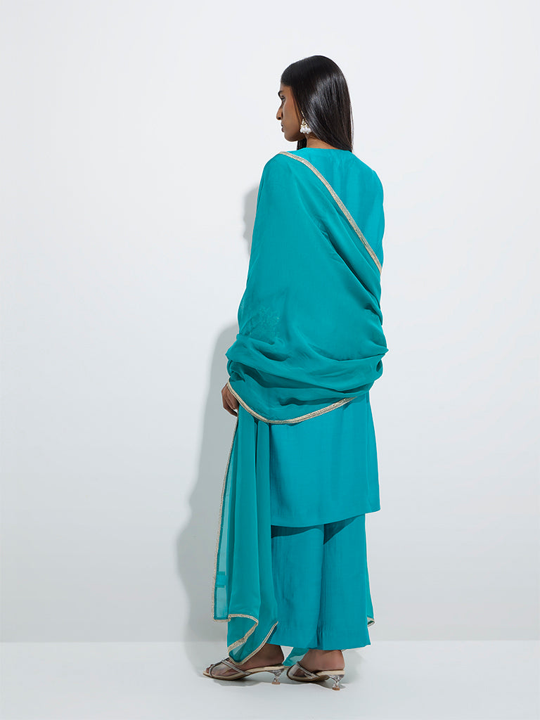 Westside Vark Women's Teal Embroidery A-Line Kurta, Palazzos and Dupatta Set for Festive Wear Back View