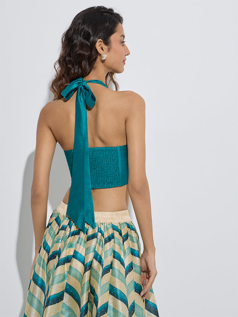 westisde Vark Women's Teal Embellished Halter Neck Ethnic Top for Festive Wear Back View