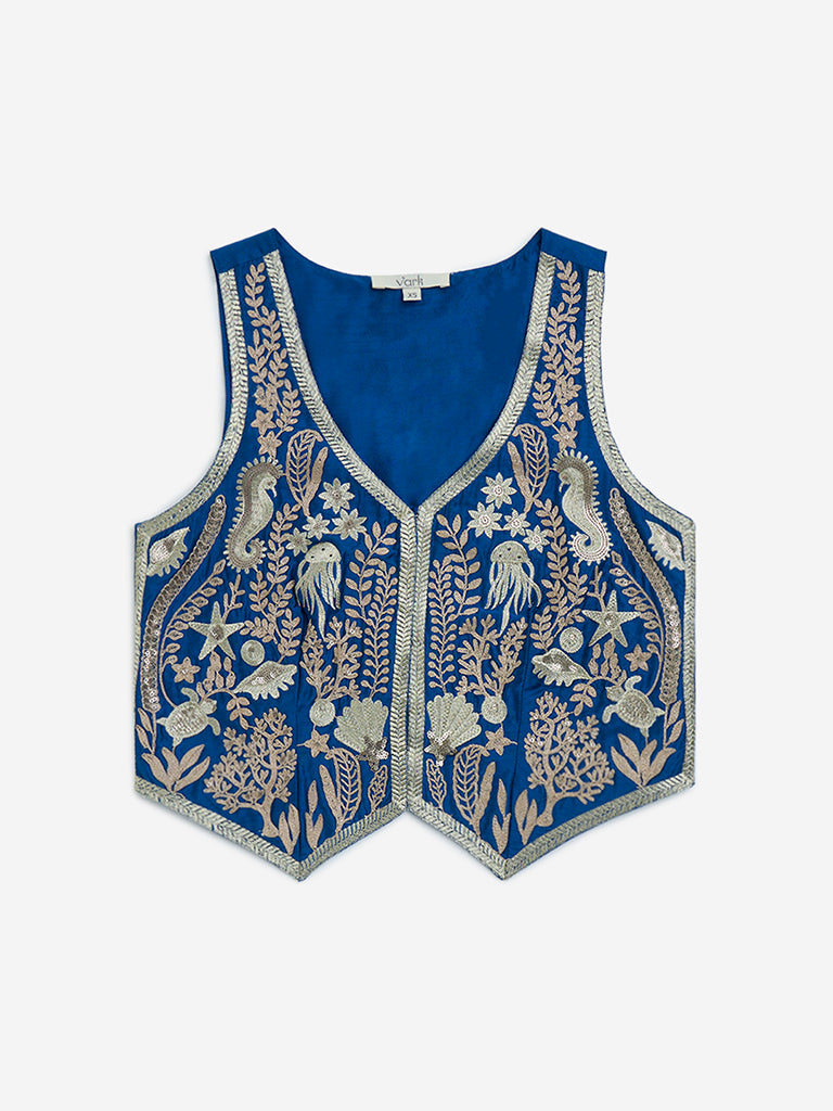 Westside Vark Women's Blue Embroidered Ethnic Vest Top for Festive Wear Flatly View