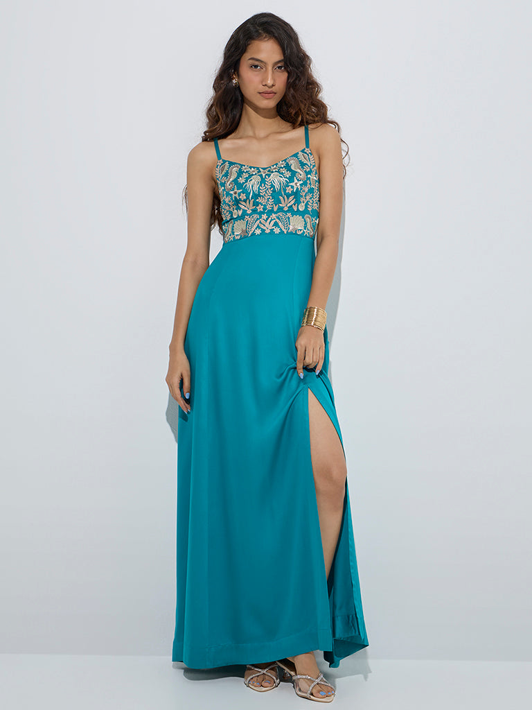 Vark Teal Embellished A-Line Dress