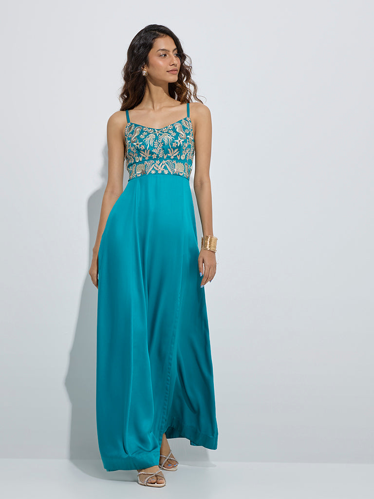 Vark Teal Embellished A-Line Dress