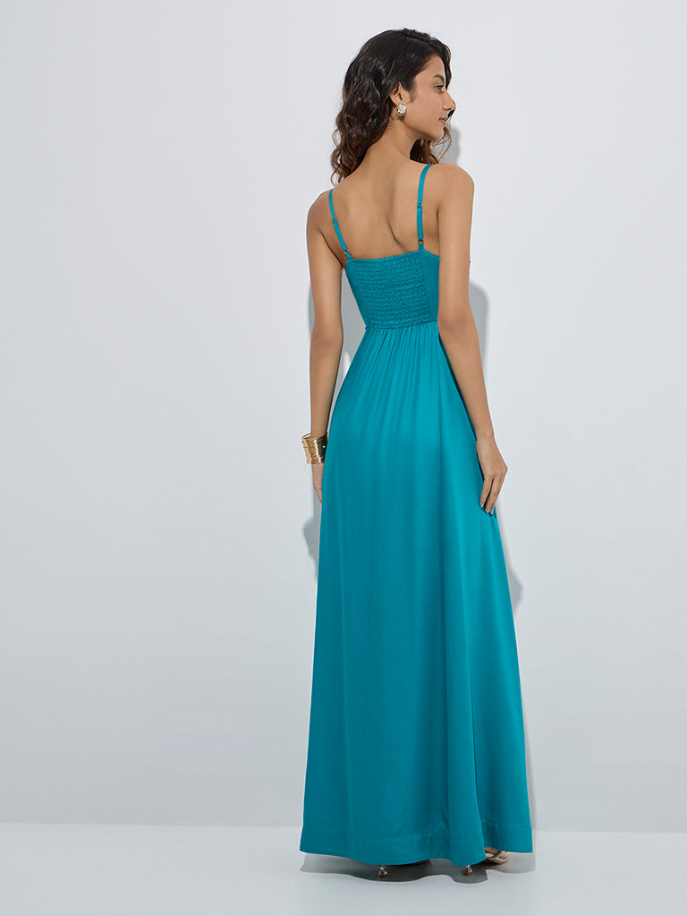 westisde Vark Women's Teal Embellished A-Line Dress for Festive Wear Back View