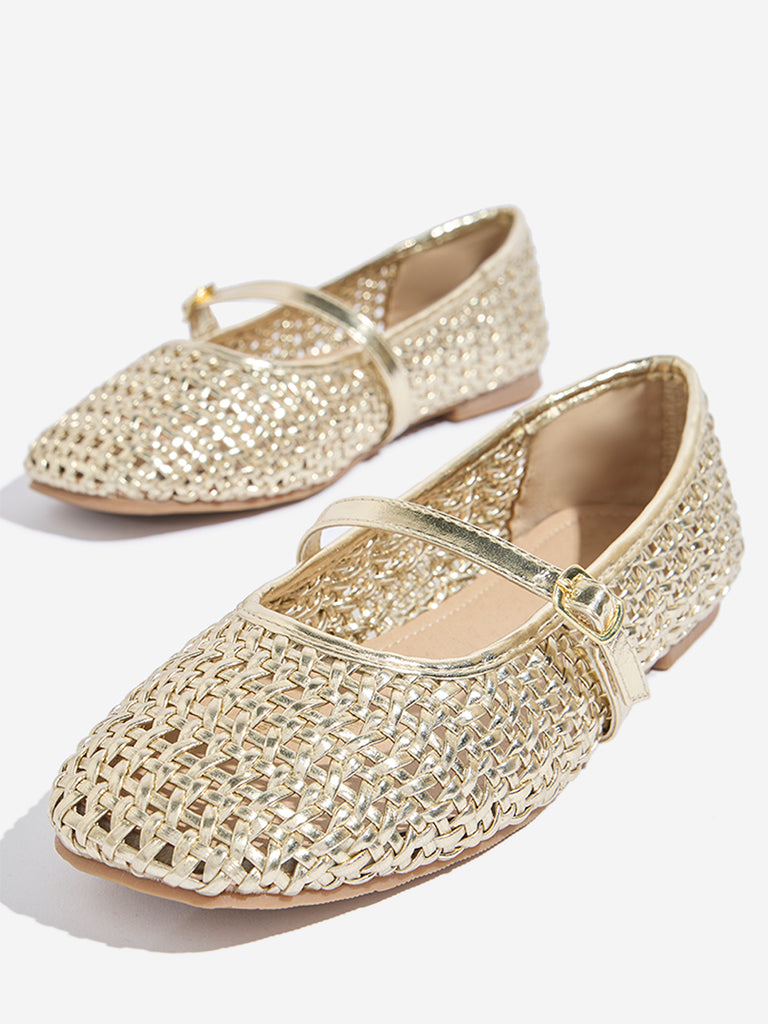Westside LUNA BLU Women's Gold Rattan Weave Mary Jane Shoes for Casual Wear Zoomed View