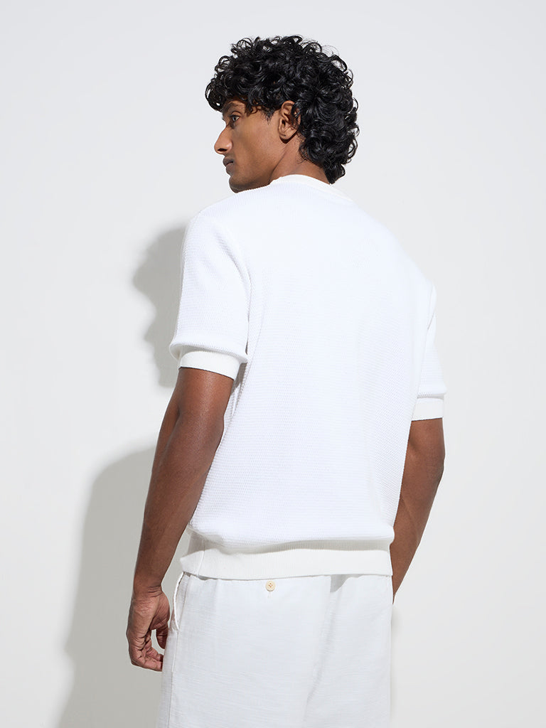 Westside Ascot Men's White Knit-Textured Relaxed-Fit Cotton-Blend T-Shirt for Casual Wear Back View