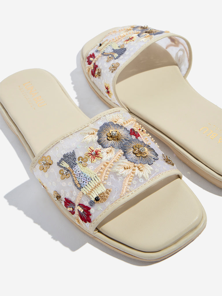 Westside LUNA BLU Women's Ivory Sequin Embellished Slides Zoomed View