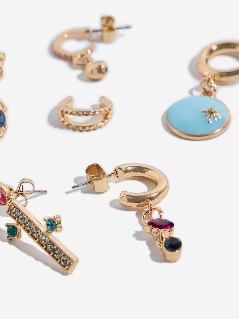 Westside Accessories Gold & Multicolour Single Earring Stacks - Pack of 6