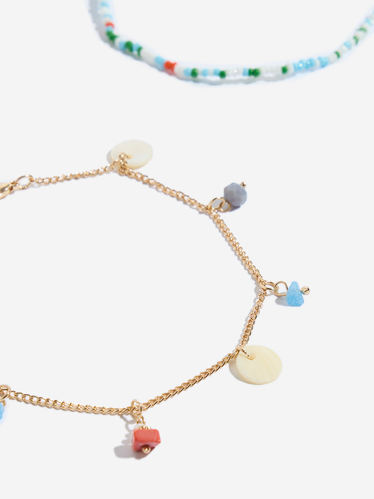 Westside Accessories Gold & Blue Shell Anklet Set - Pack of 2