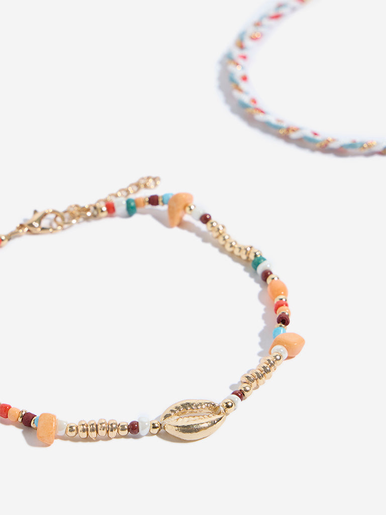 Westside Accessories Multicolour Beaded & Braided Anklet Set - Pack of 2