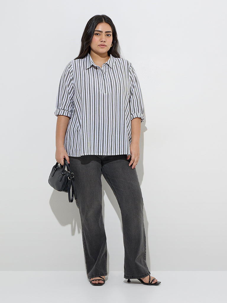 Gia Olive Stripe Printed Cotton-Blend Blouse
