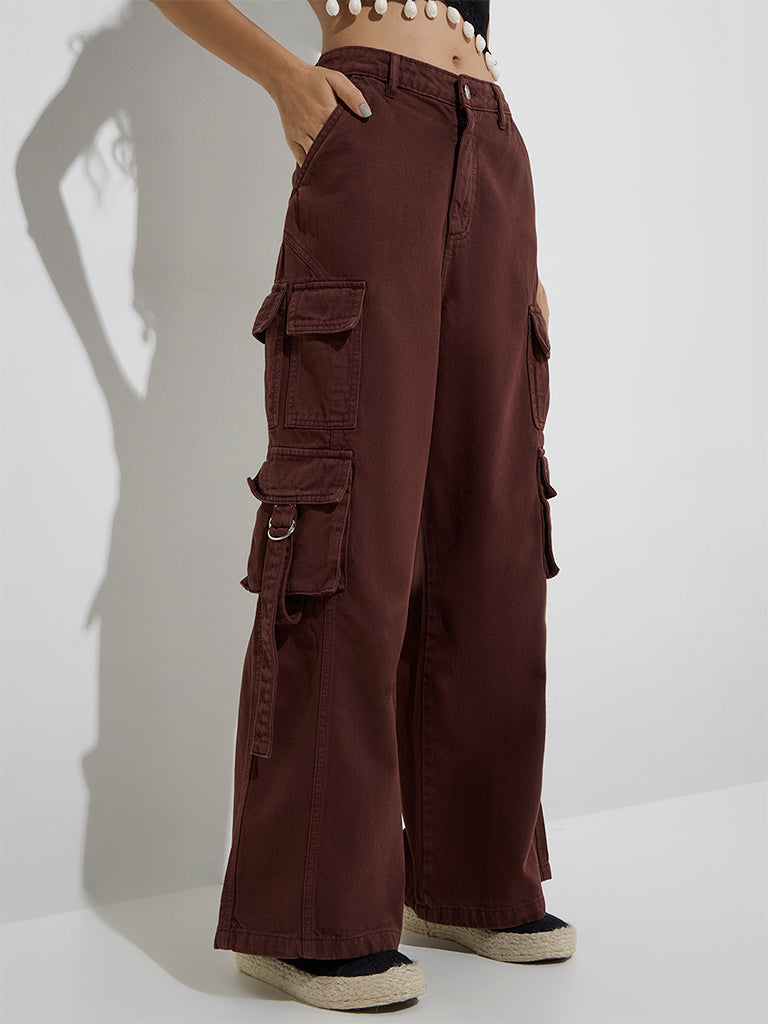 Nuon Brown Cargo-Style Relaxed - Fit Mid - Rise Jeans