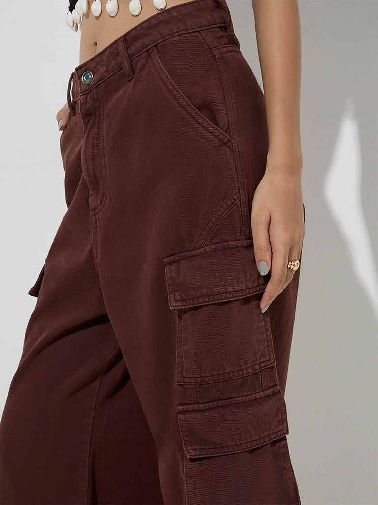 Nuon Brown Cargo-Style Relaxed - Fit Mid - Rise Jeans