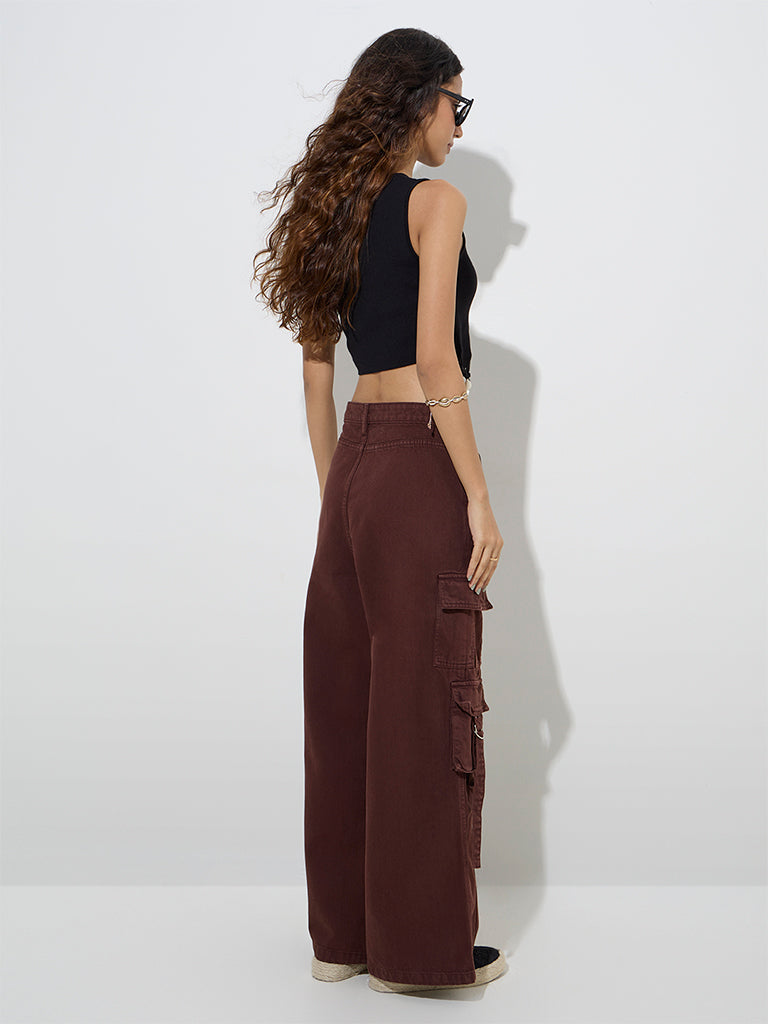 Westside Nuon Women's Brown Cargo-Style Relaxed-Fit Mid-Rise Jeans for Casual Wear Back View