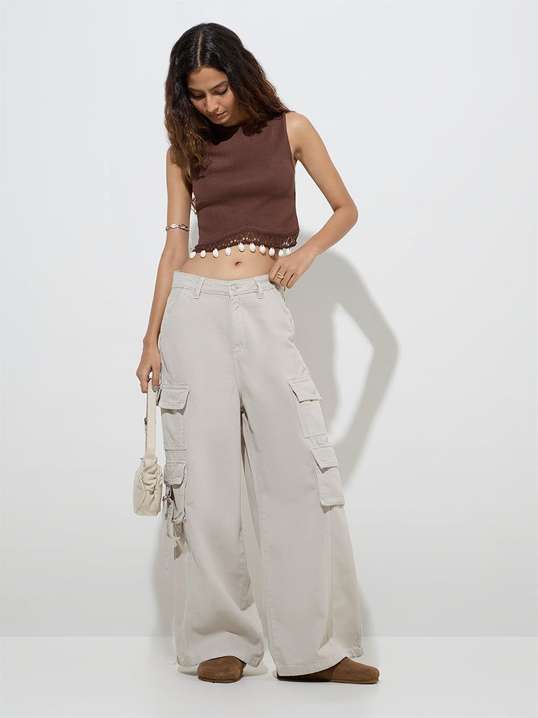 Nuon Beige Cargo-Style Relaxed - Fit Mid - Rise Jeans